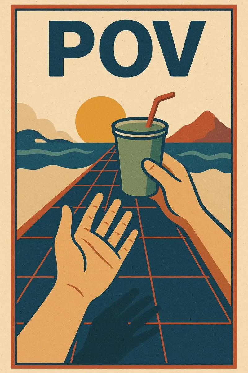Póster Retro POV - Puesta de sol y compartir un momento poster con marco de madera de Art Typo Essentiel