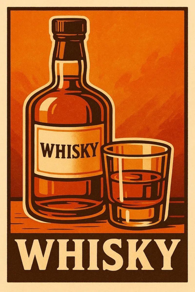 Poster vintage sul whisky - Bottiglia e bicchiere illustrati poster con telaio in plastica da Boissons - Affiches & posters - Retro
