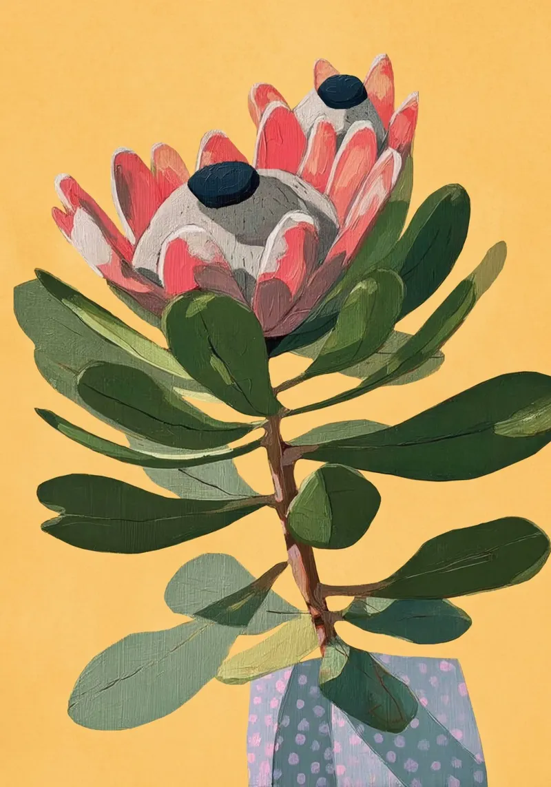 Protea Bloom with Sage Leaves poster con telaio in legno da Flow Line