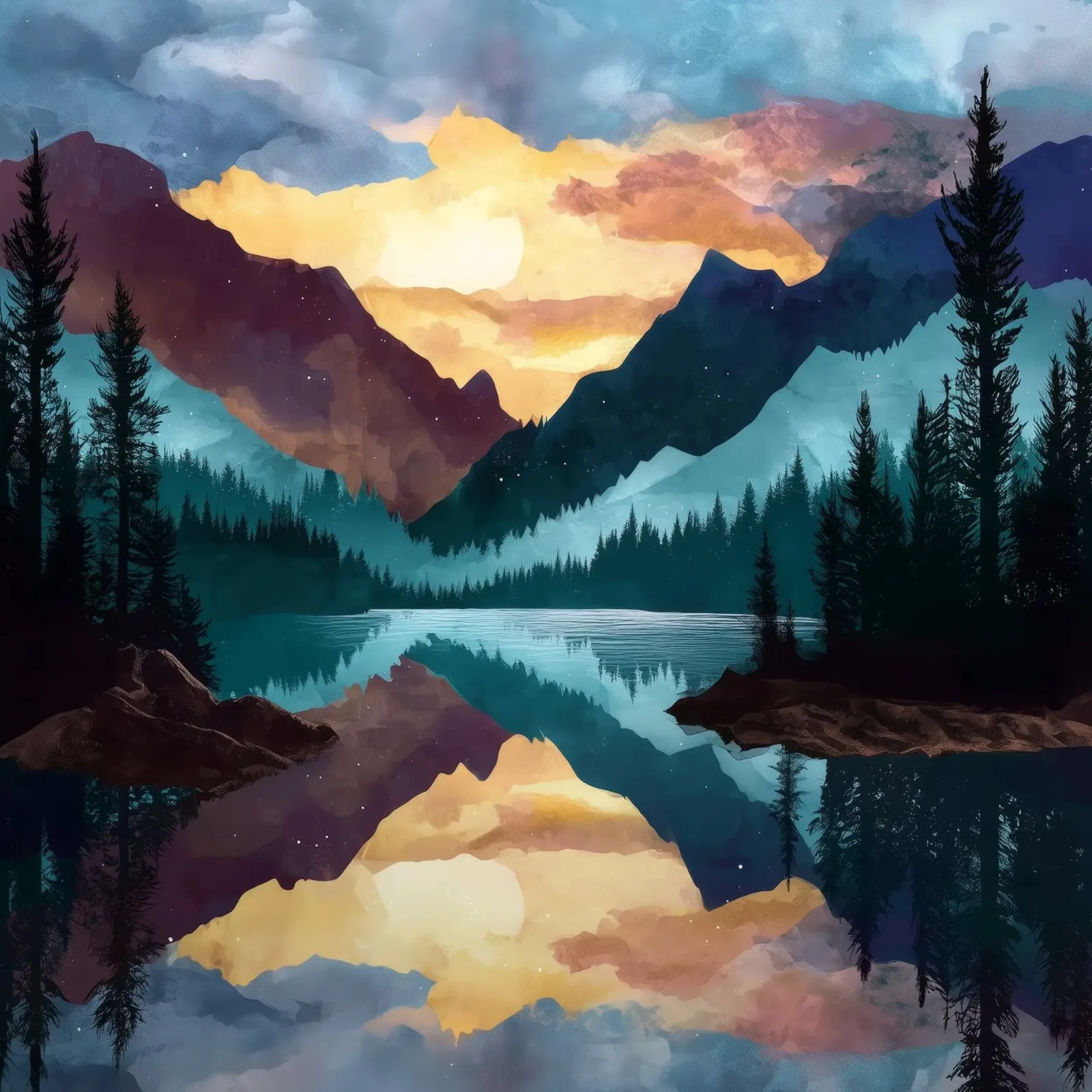 Mountain Lake Sunset - Reflected Forest and Colorful Sky poster con telaio in legno da Dune