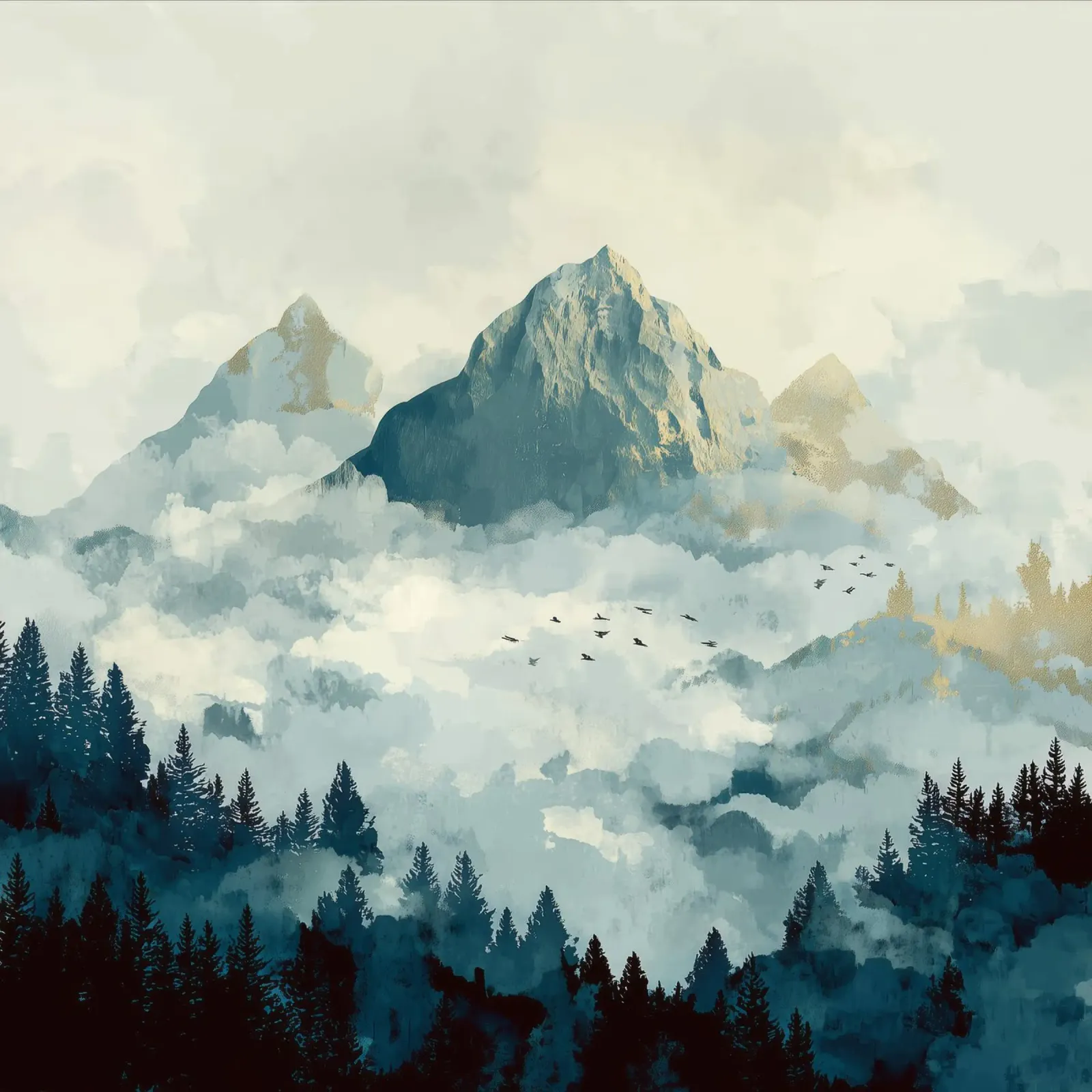Mountain Landscape - Snowy Peaks and Pine Forest in Clouds Poster mit Aluminium Rahmen von Dune