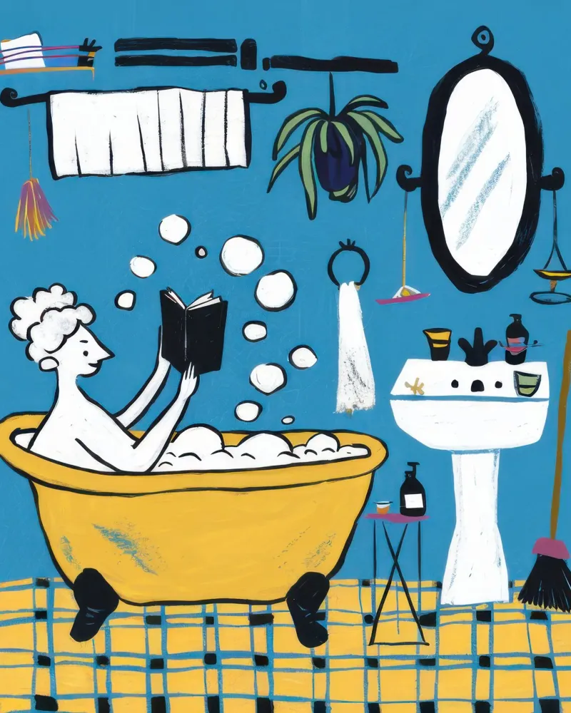 Scena giocosa in bagno poster con telaio in plastica da Lyra Glaze