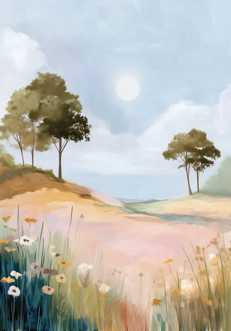 Soft Spring - Dreamy Field with Sun and Wildflowers Poster mit Holzrahmen von Dune