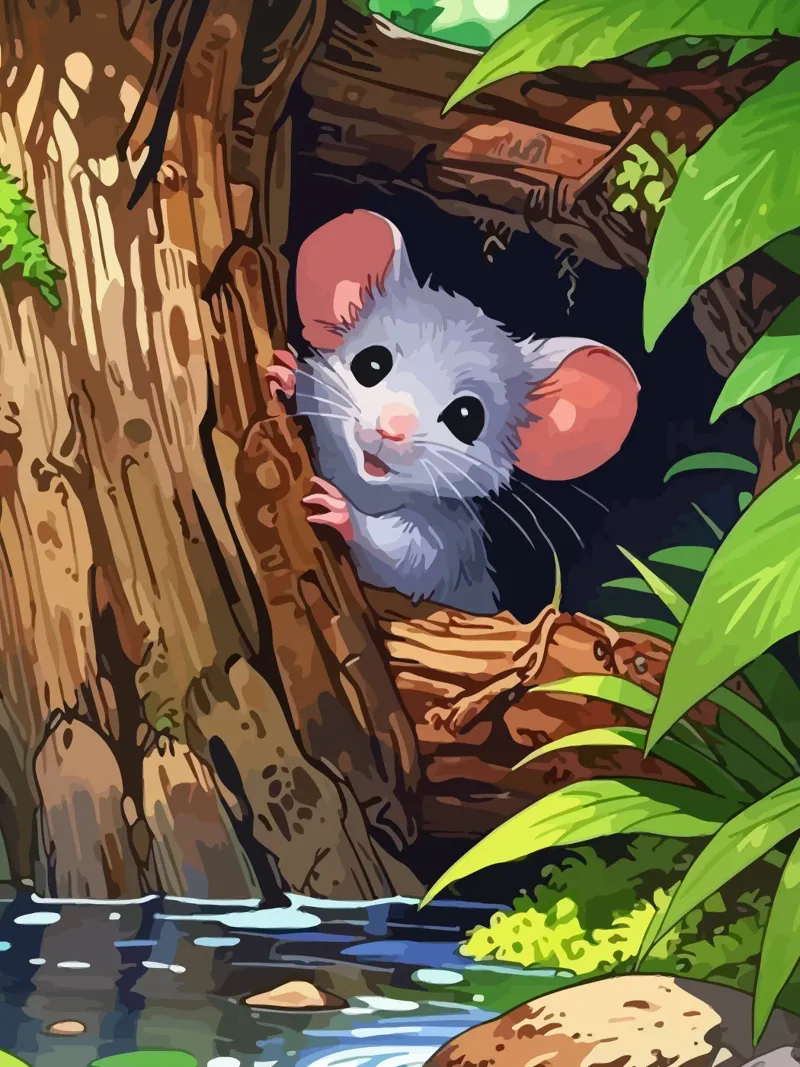 mouse behind the tree poster con telaio in alluminio da Dumery Art