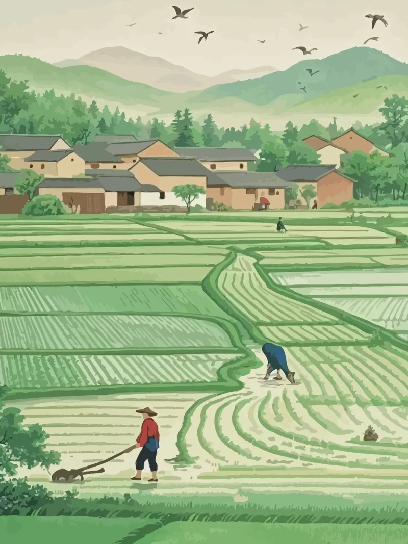 Farmers plowing rice fields at the foot of the mountain poster da Dumery Art