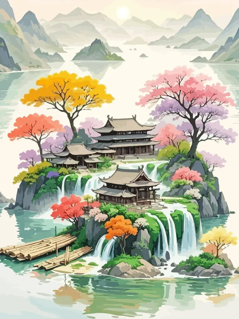 house in the middle of the island around the Japanese mounta poster con telaio in plastica da Dumery Art