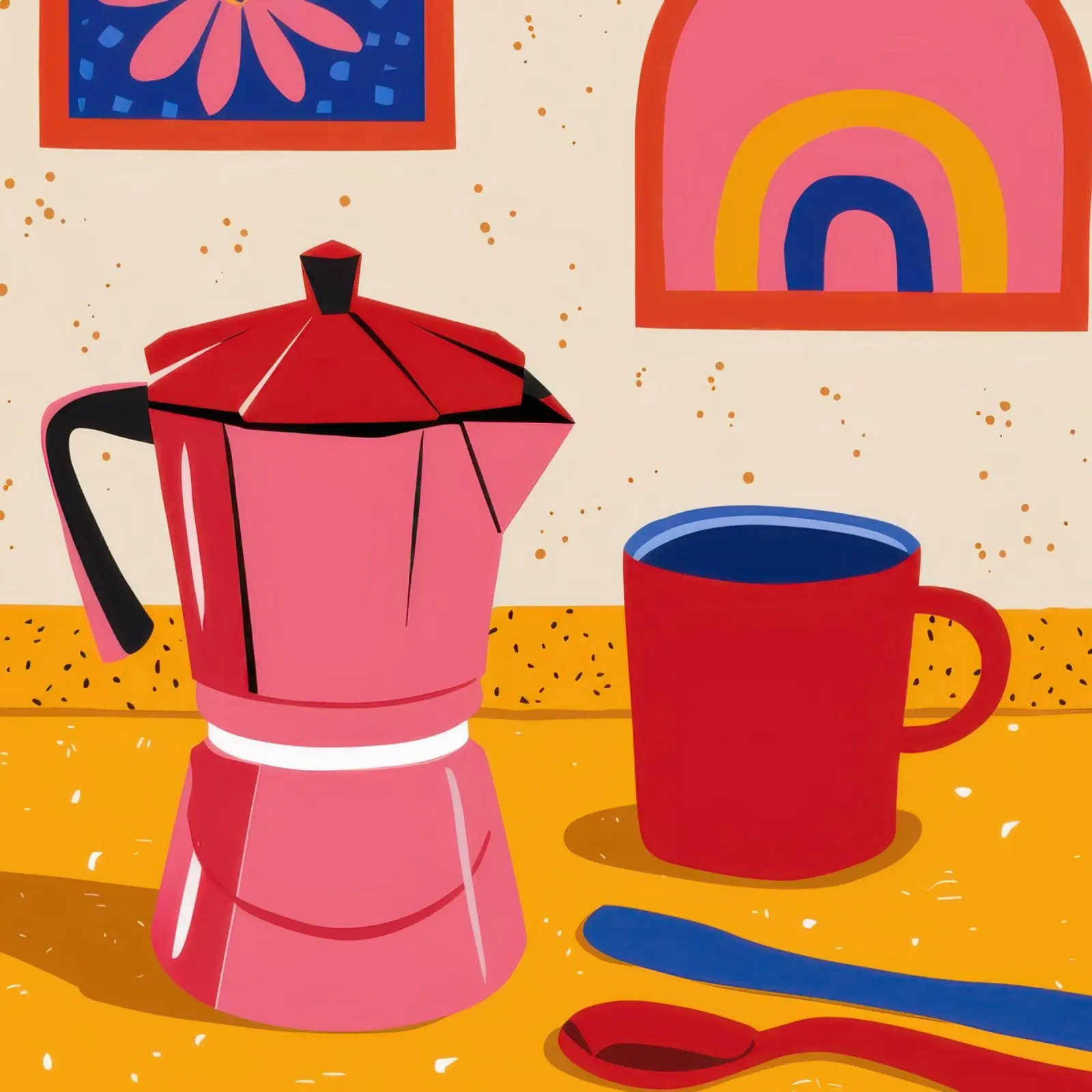 Rituale del caffè cremisi poster con telaio in legno da Nova Glaze