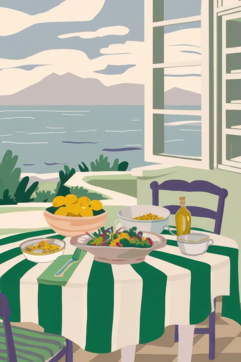 Pranzo tranquillo in riva al mare poster con telaio in alluminio da Nova Glaze