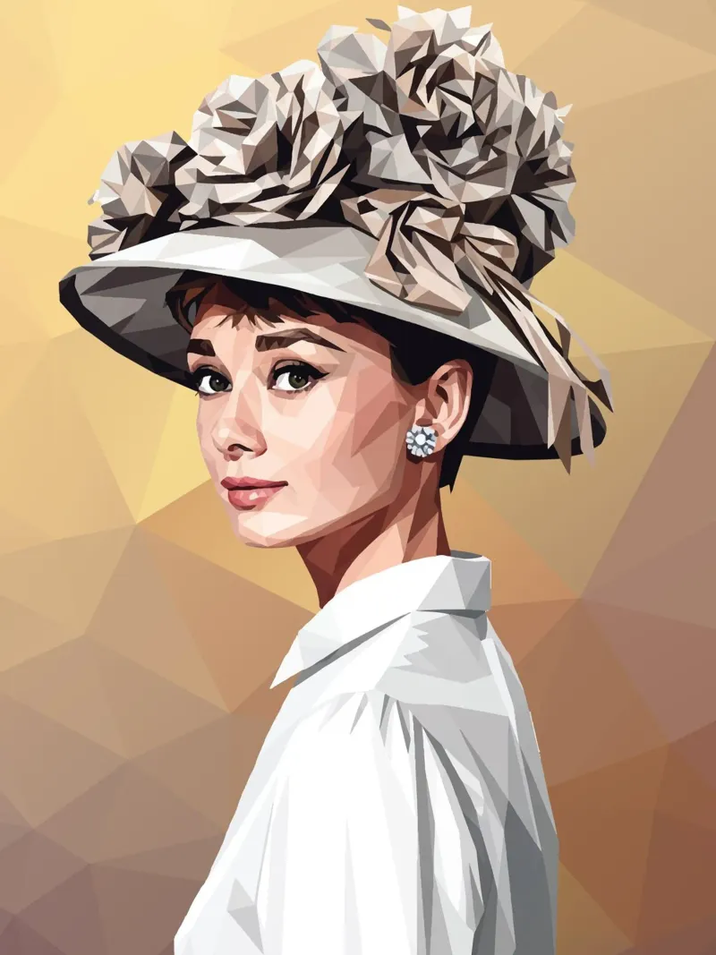Audrey Hepburn con un cappello stravagante Lowpoly poster con telaio in plastica da Low Profile