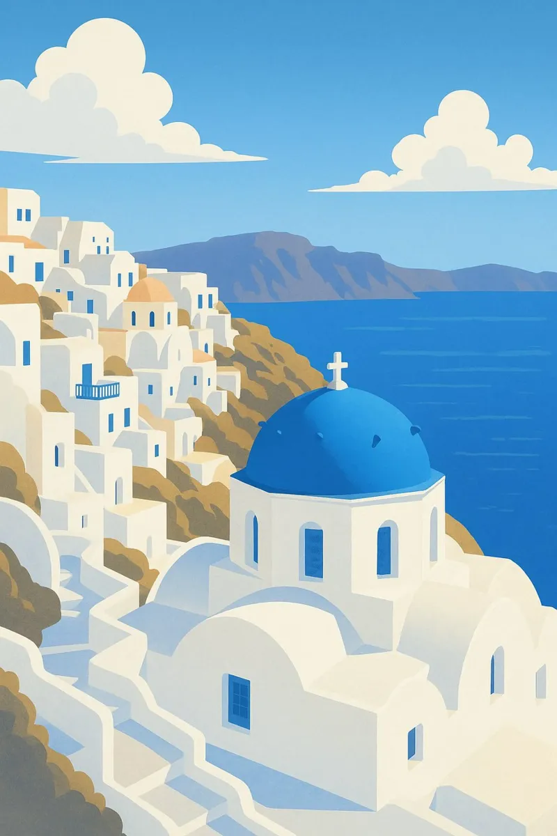 Poster Santorini - Cupole blu e Mar Egeo poster da JETLAG | affiches voyage