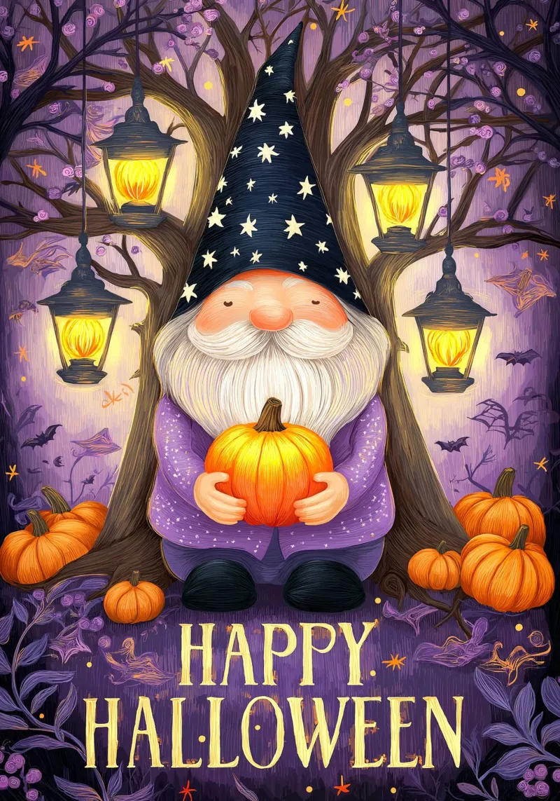 Gnomo e zucca di Halloween poster con telaio in legno da Fleur de Lys