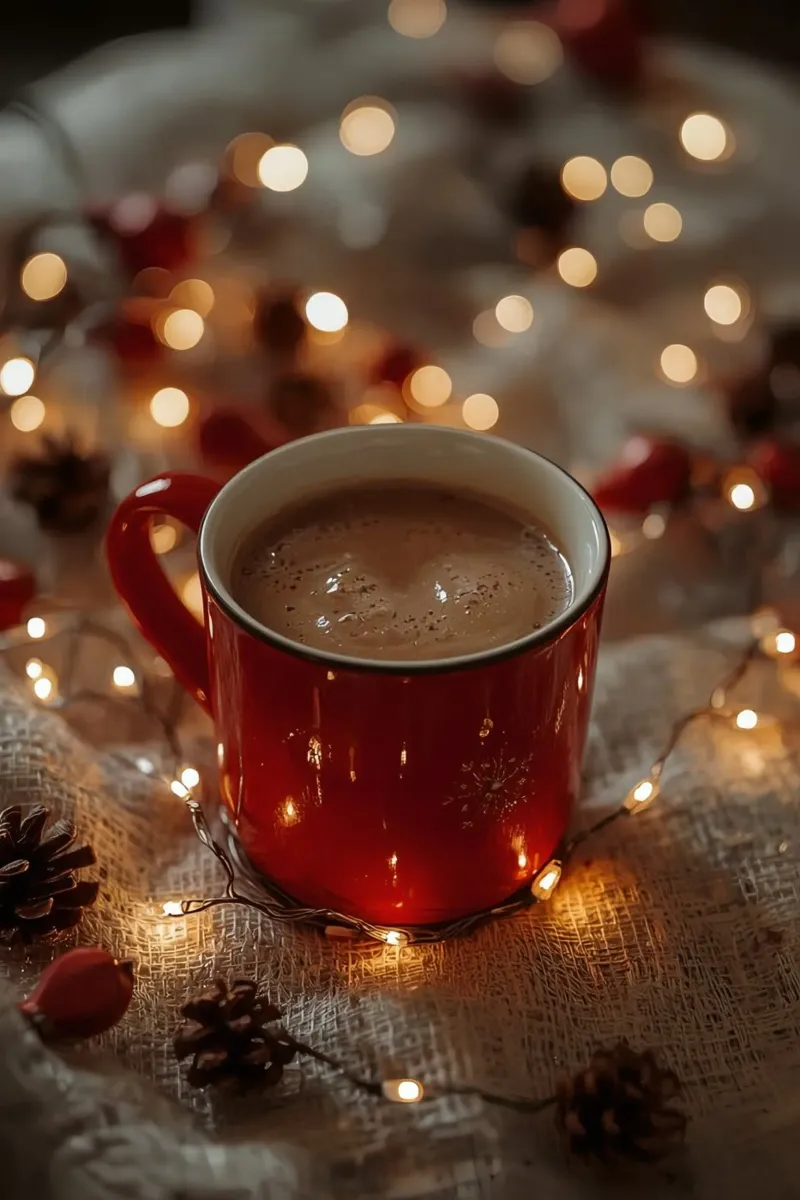 Tazza rossa con luci per cioccolata calda e pigne poster con telaio in alluminio da DesignDoodle