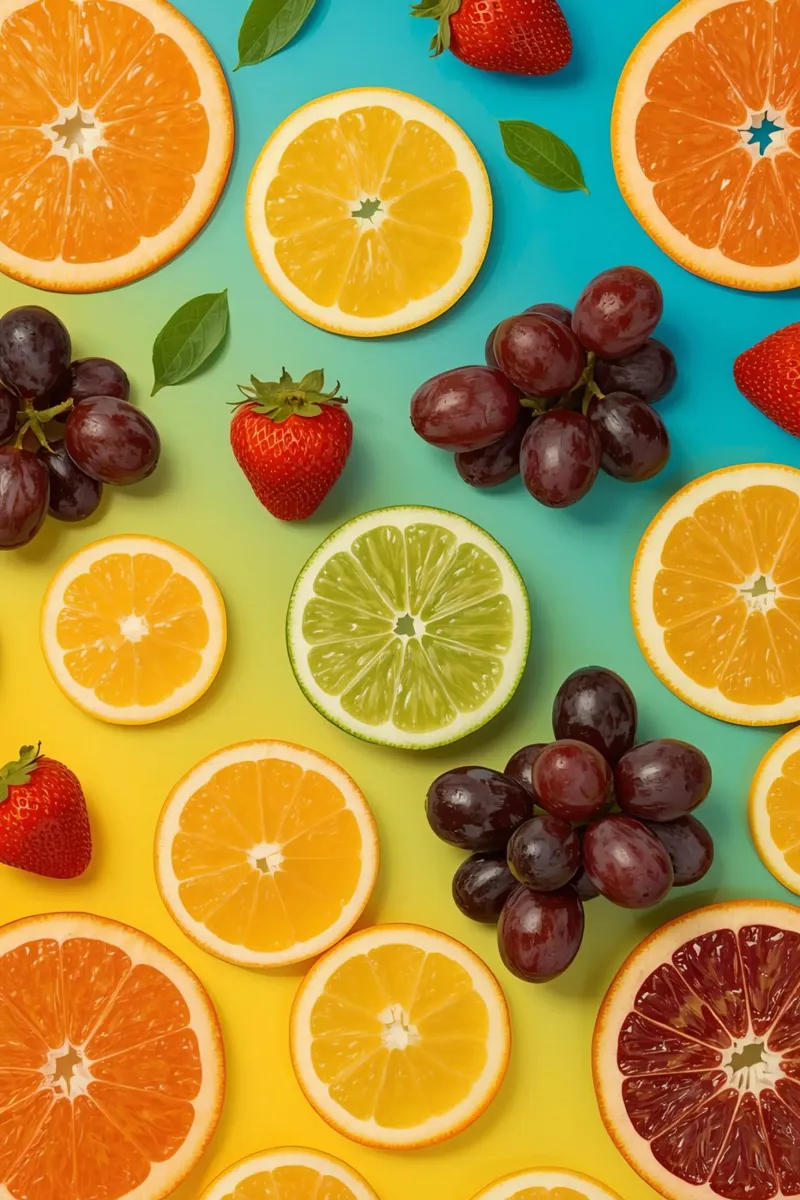 Assortimento di frutta a fette su sfondo sfumato poster con telaio in alluminio da DesignDoodle
