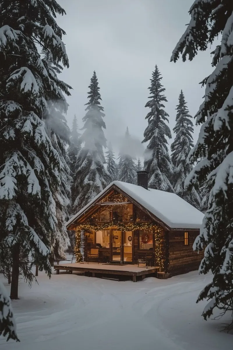 Cabane enneigée dans la forêt avec des lumières de Noël poster avec cadre en plastique de DesignDoodle