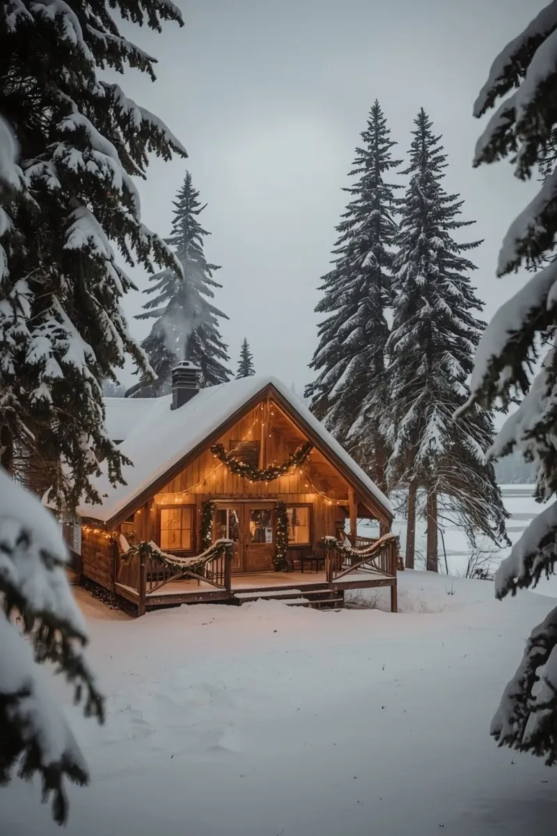 Snow-Covered Cabin with Decorations and Pine Trees canvas with Floater frame by DesignDoodle