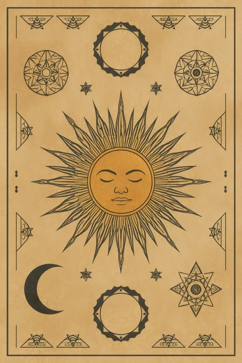 Sun With Face Crescent Moon and Geometric Symbols on Beige canvas with Floater frame by DesignDoodle