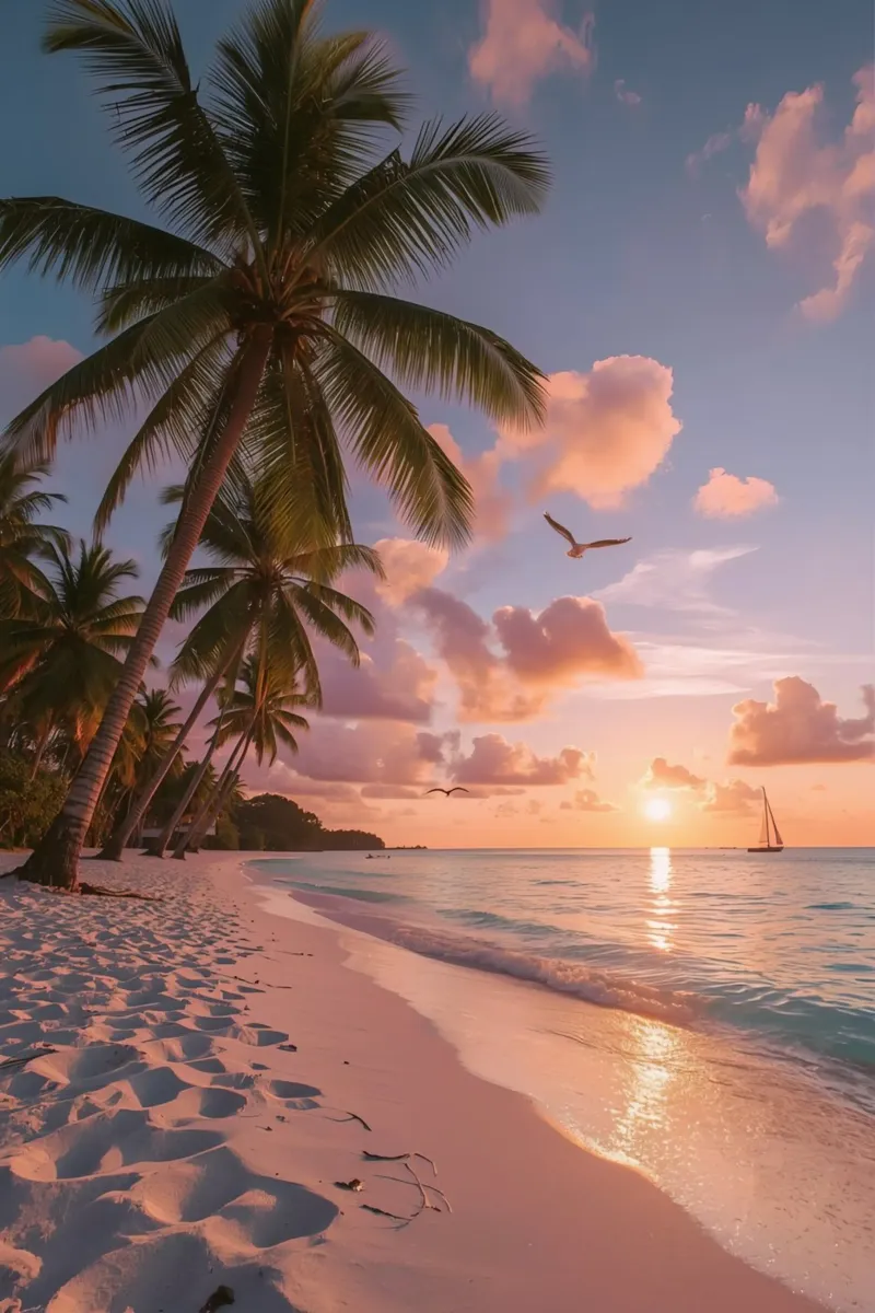 Spiaggia tropicale con palme, uccelli e barca a vela al tramonto poster con telaio in plastica da DesignDoodle