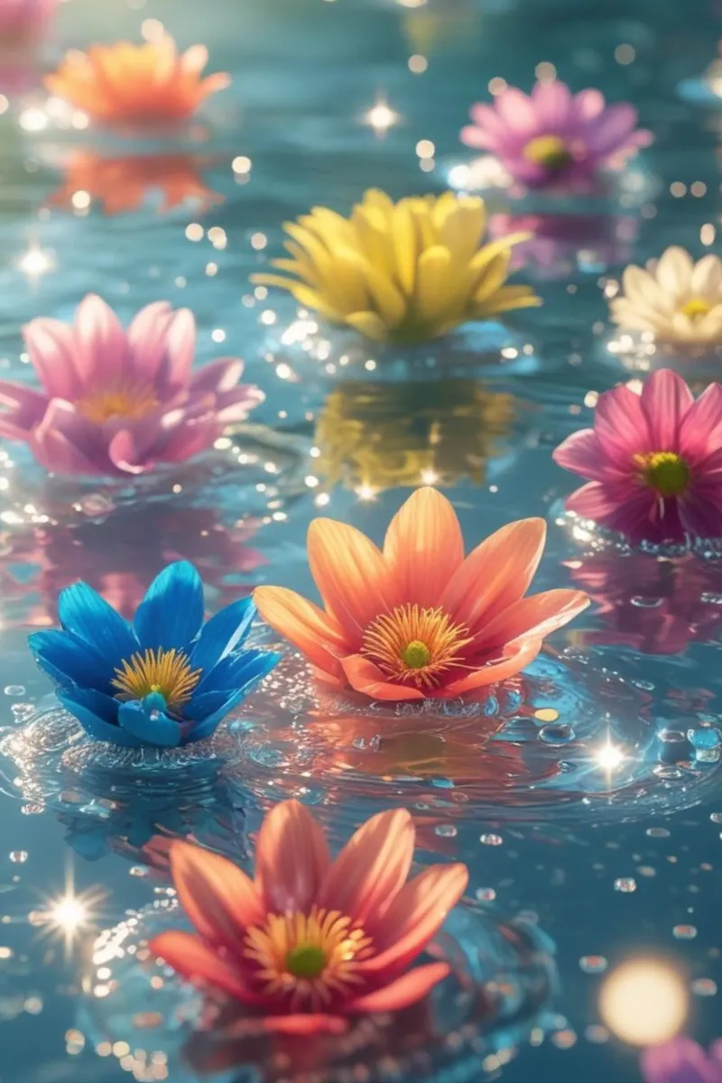 Fiori magici e colorati sull'acqua poster con telaio in legno da Léa Lefebvre Photography