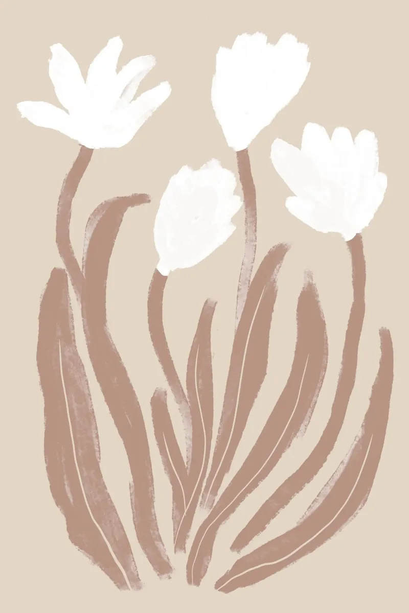 Abstracte witte bloemen met bruine bladeren canvas met Baklijst van Melloi Art Print