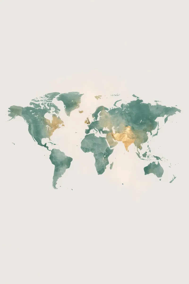 Mappamondo ad acquerello con pietre miliari color verde acqua e oro poster con telaio in alluminio da DesignDoodle