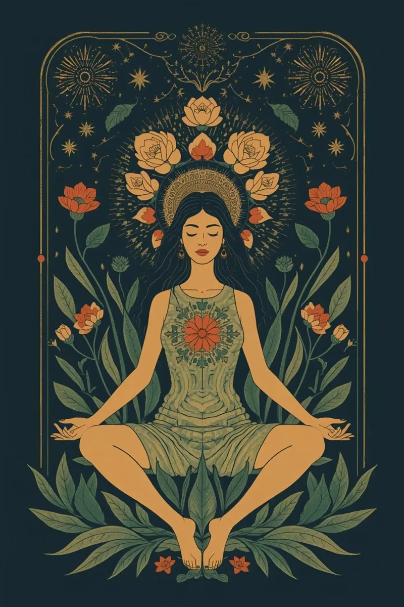 Donna che medita in mezzo a una composizione floreale poster con telaio in alluminio da DesignDoodle