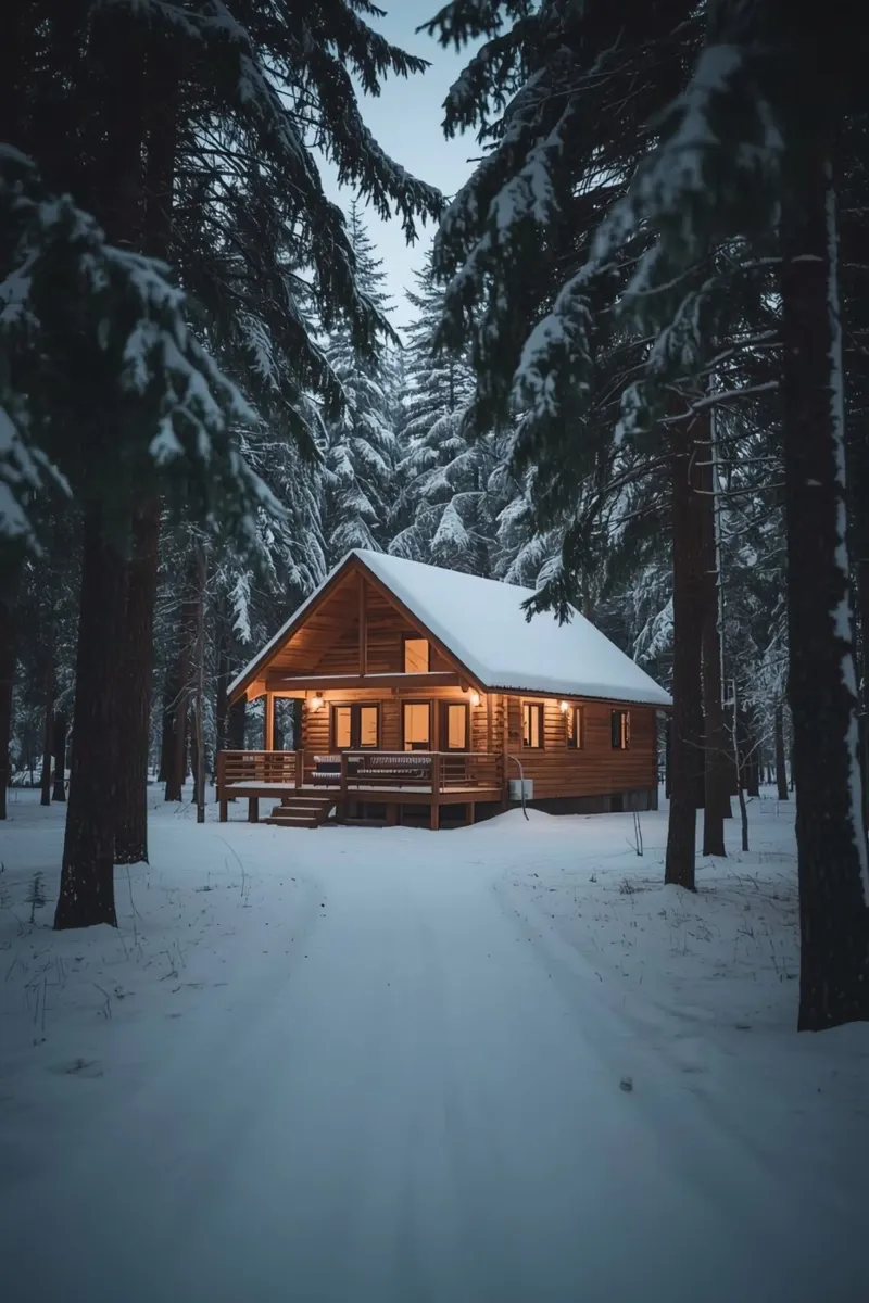 Cabina di legno in una foresta innevata poster con telaio in plastica da DesignDoodle