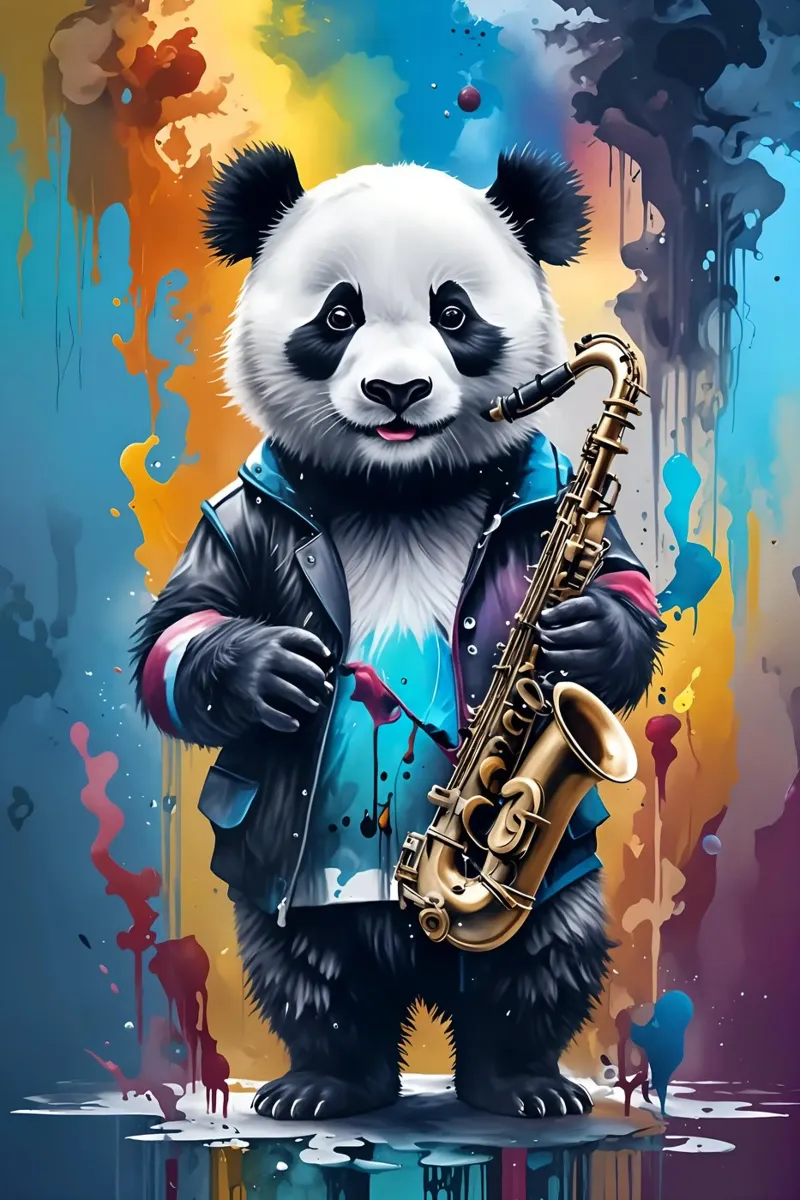 Panda e sassofono poster con telaio in plastica da MakArena