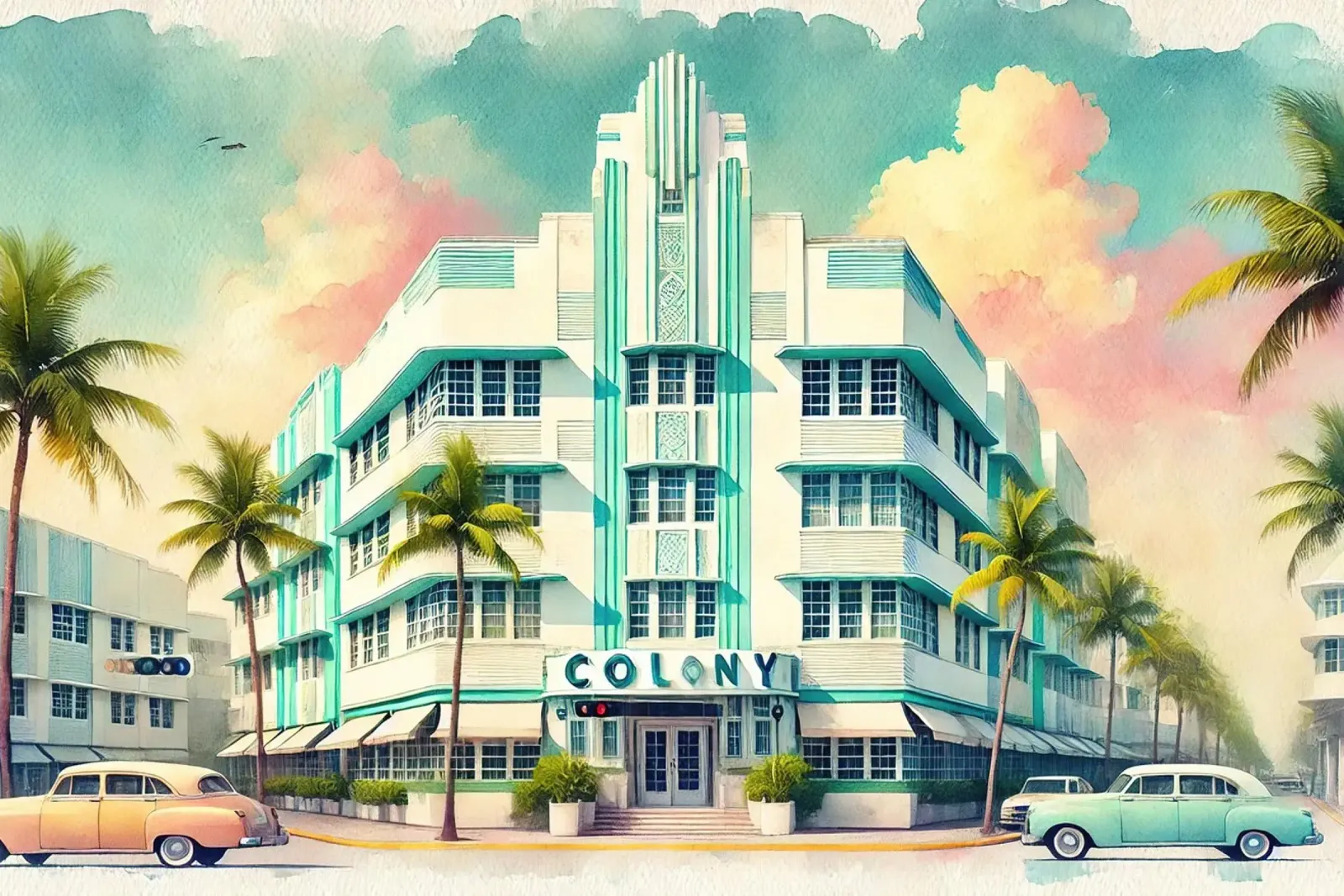 Poster d'epoca dell'hotel Colony, Miami Beach tela con Cornice a cassetta da Chromatic Fusion Studio