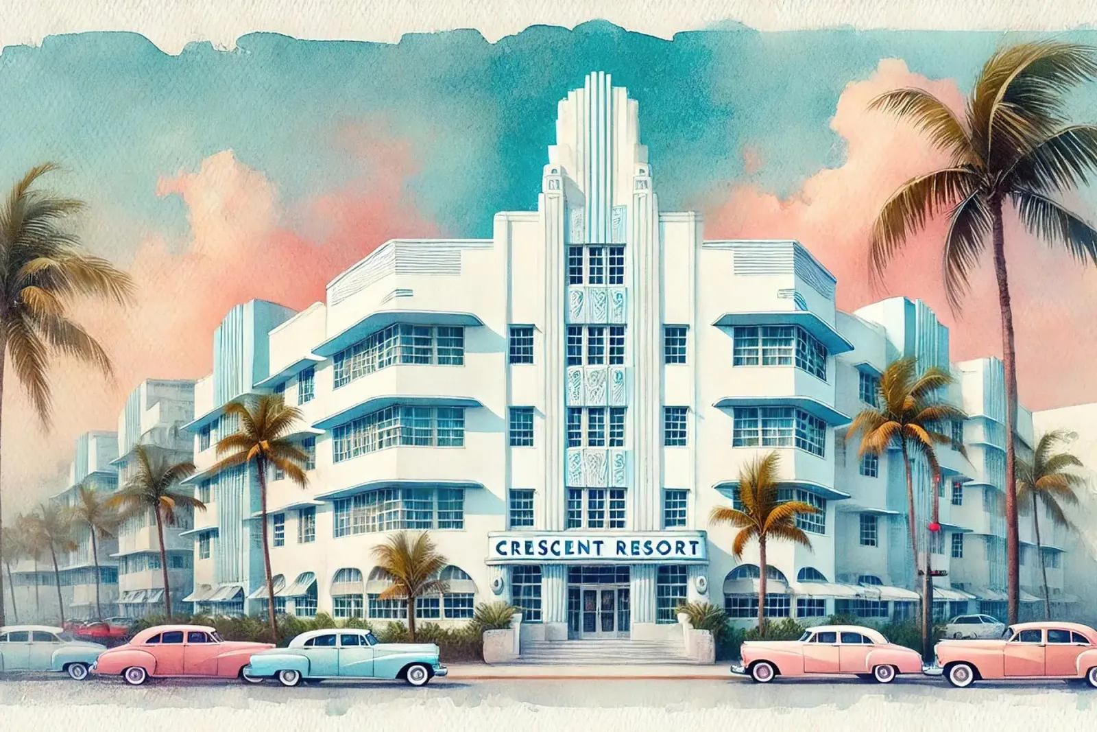 Poster d'epoca del Crescent Resort, Miami Beach poster con telaio in legno da Chromatic Fusion Studio