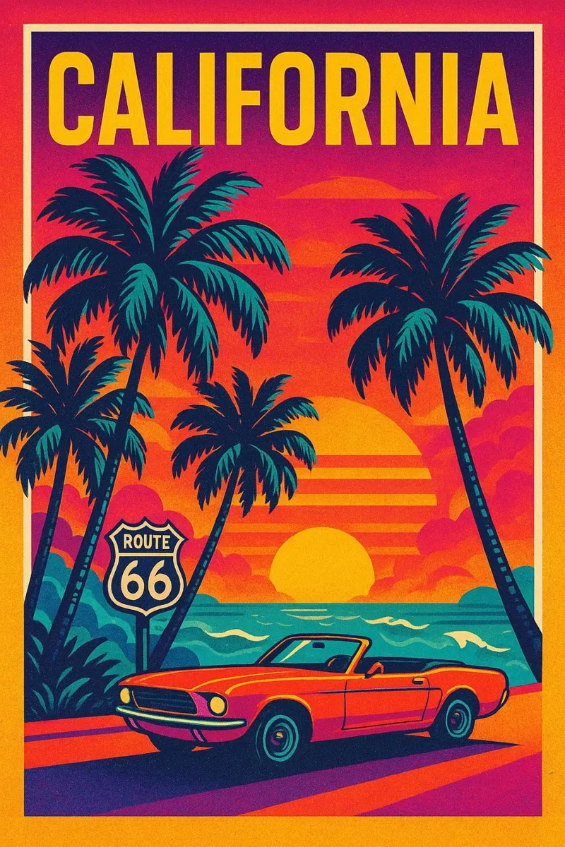 Poster vintage della California - Route 66 e auto decappottabile poster con telaio in plastica da JETLAG | affiches voyage