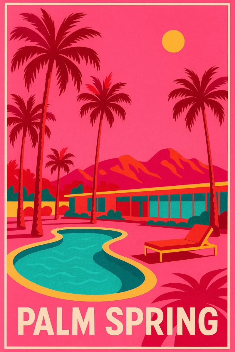 Affiche Palm Spring - Piscine, Palmiers et Architecture poster con marco de madera de JETLAG | affiches voyage