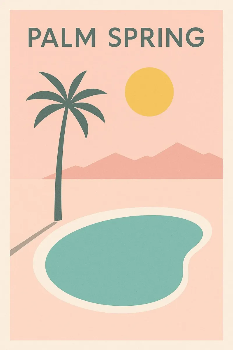 Affiche Minimaliste Palm Spring – Piscine et Soleil tela con Cornice a cassetta da JETLAG | affiches voyage