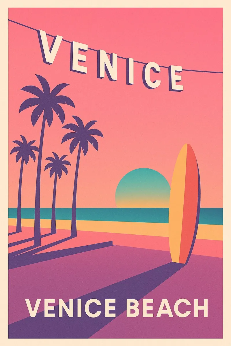 Venice Beach Poster - Surf and Palm Trees at Sunset canvas with Floater frame by JETLAG | affiches voyage