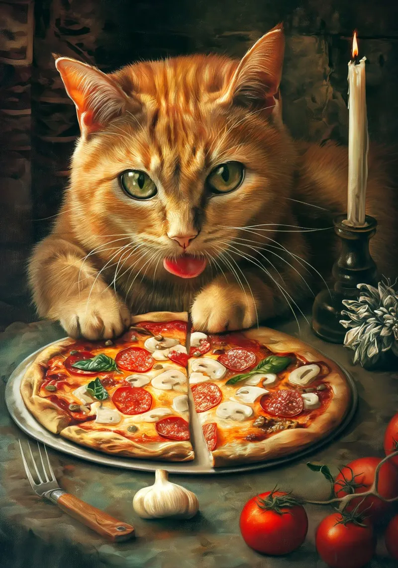 Cat Eats Pizza poster con telaio in legno da Fleur de Lys