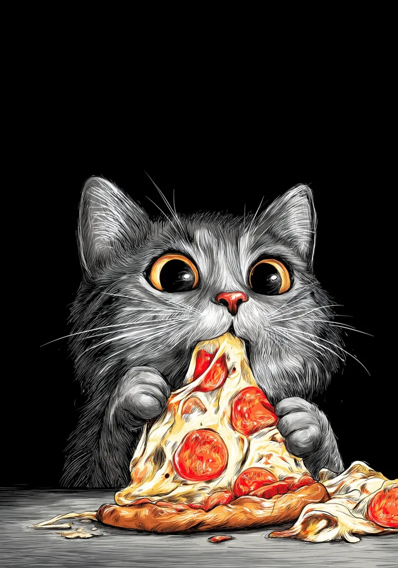 Cat Eats Pizza poster con telaio in alluminio da Fleur de Lys