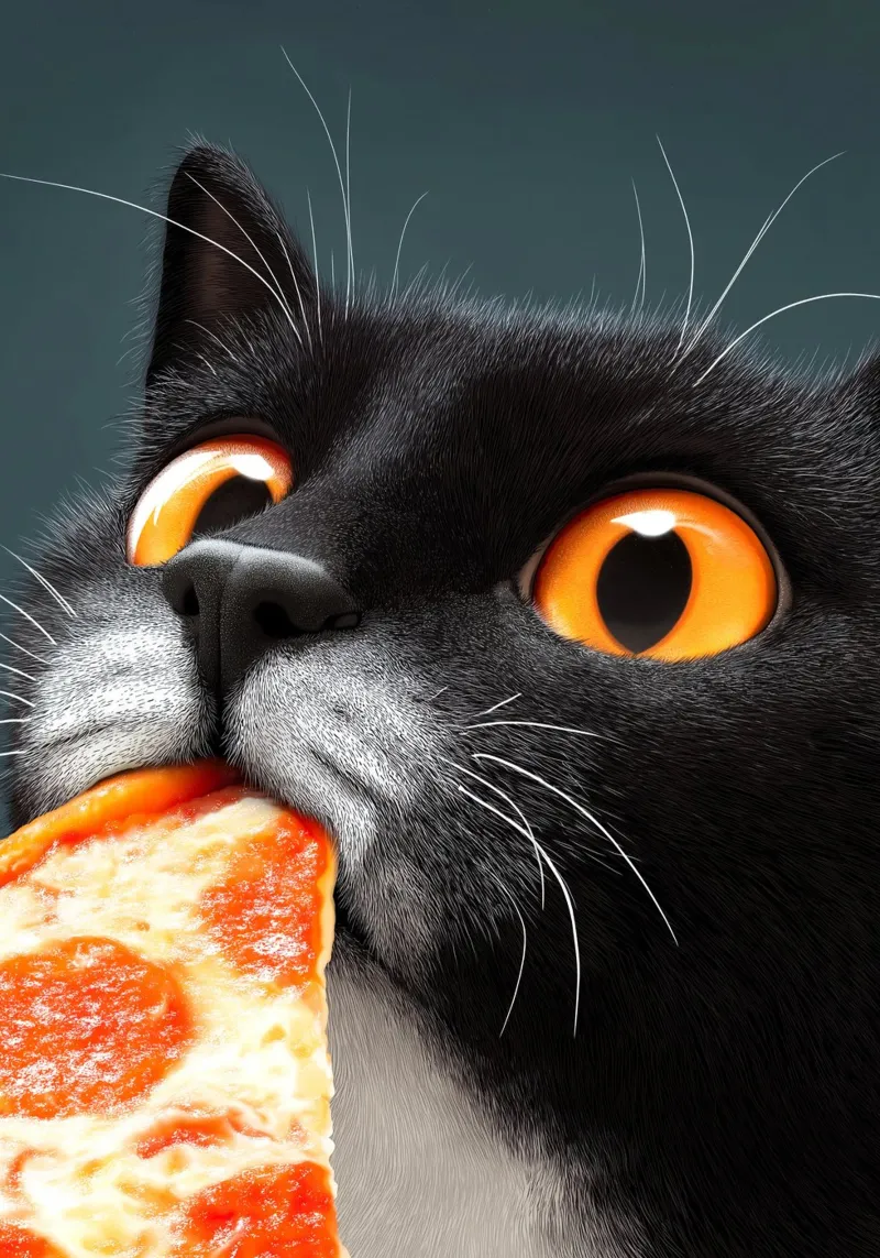 Cat Eats Pizza poster con telaio in alluminio da Fleur de Lys