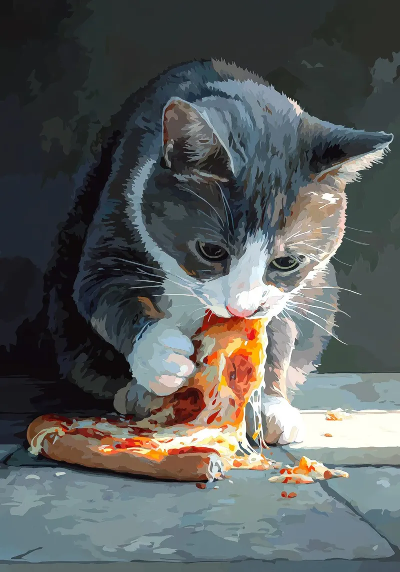 Cat Eats Pizza poster con telaio in legno da Fleur de Lys