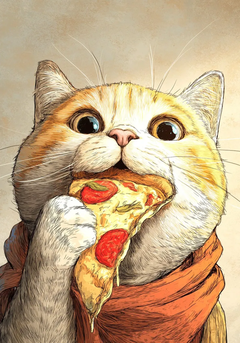 Cat Eats Pizza poster con telaio in alluminio da Stellar Creative
