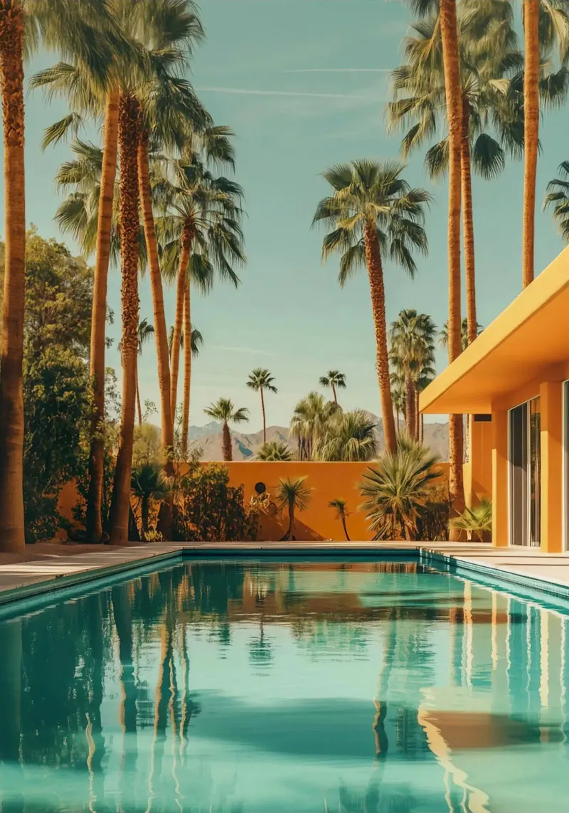 Palm Springs Poolside poster con telaio in alluminio da lennytravers