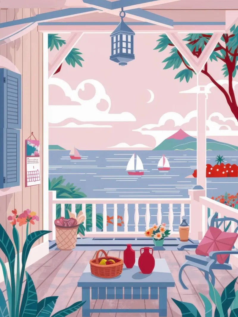 Balcone sul mare poster con telaio in legno da Lyra Glaze