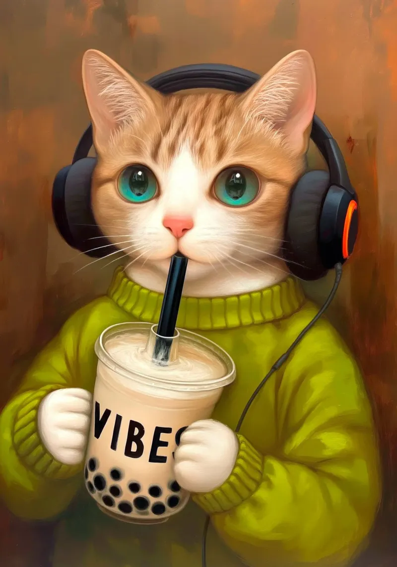 Il gatto beve il bubble tea poster con telaio in plastica da Fleur de Lys