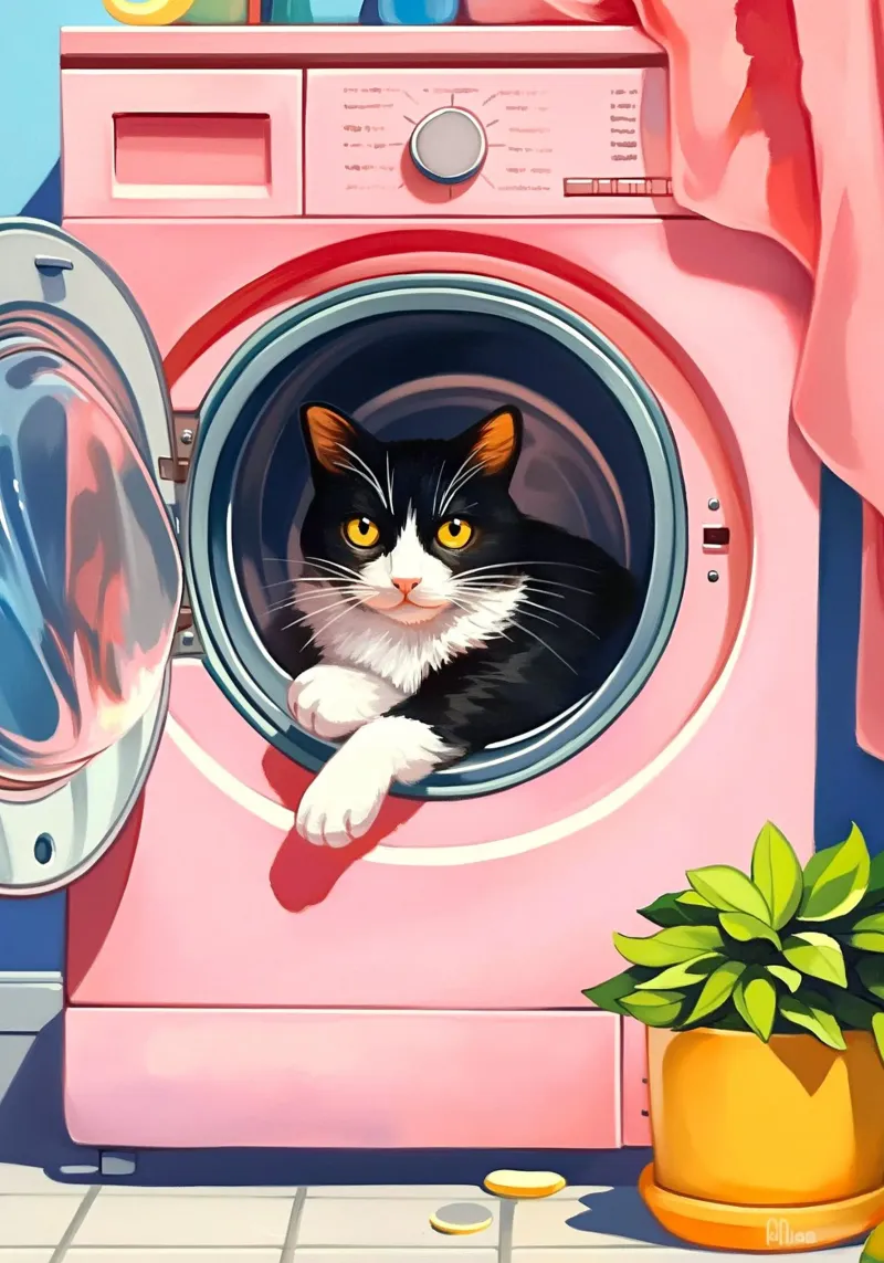 Gezellige kat in wasmachine poster met houten frame van Fleur de Lys