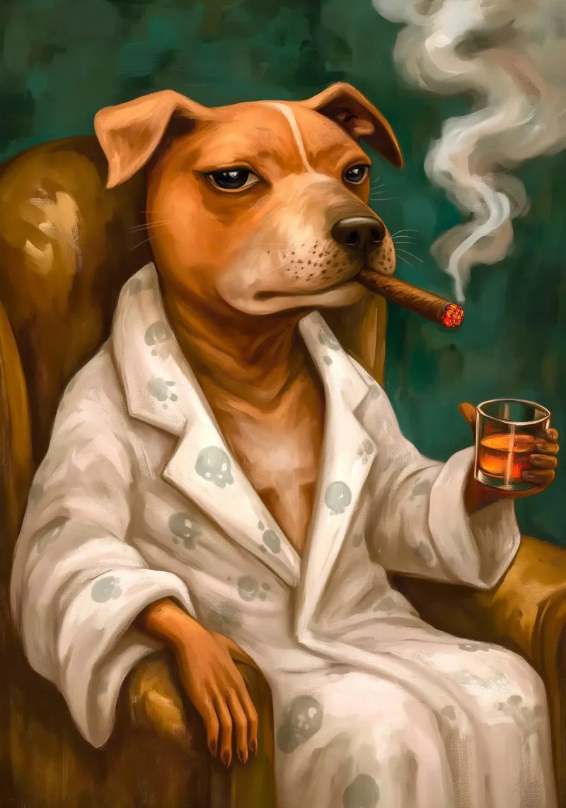 Cane in accappatoio che fuma il sigaro su una poltrona poster con telaio in legno da Fleur de Lys