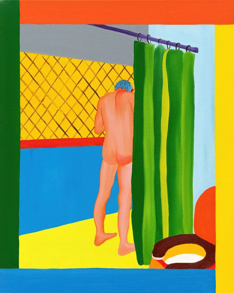 Hector fa la doccia in Zipolite (2023), poster con telaio in legno da mix mate