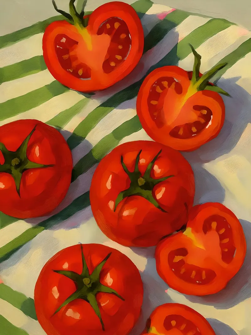 Pomodori freschi su telo a righe poster con telaio in legno da 🎨 Point and Art
