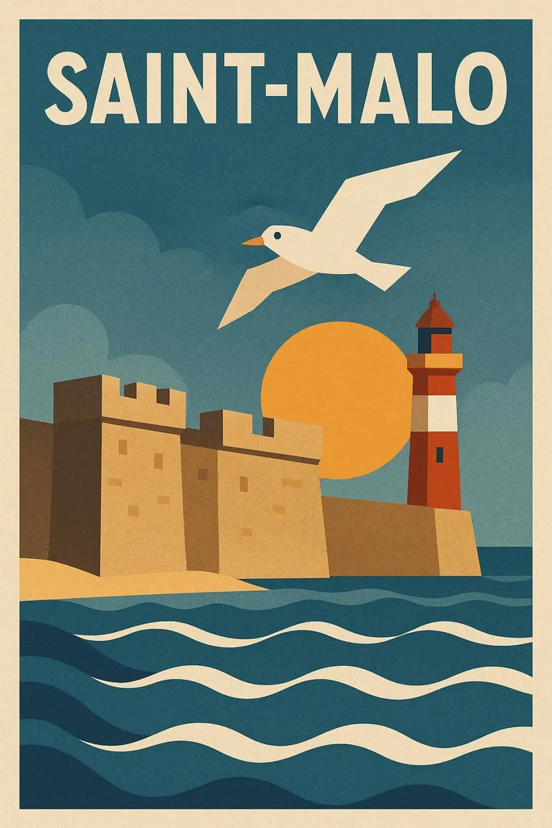 Poster d'epoca di Saint-Malo - Bastioni, faro e gabbiani poster con telaio in legno da JETLAG | affiches voyage