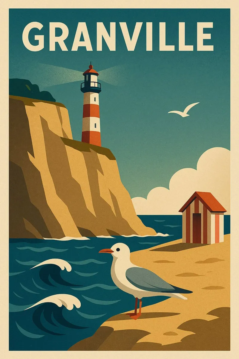 Poster d'epoca di Granville - Faro e cabina sulla spiaggia poster con telaio in alluminio da JETLAG | affiches voyage