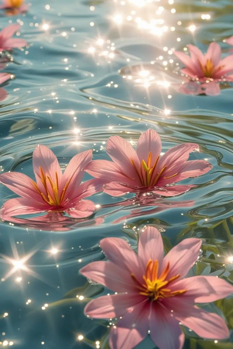 Serena escena de flores rosas flotando en el agua iluminada por el sol poster con marco de madera de Léa Lefebvre Photography