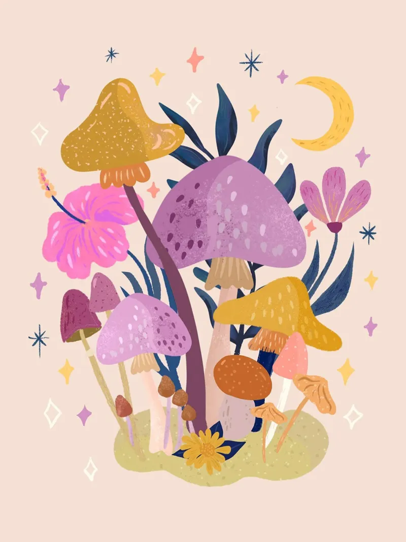 Funghi, fiori e stelle poster con telaio in alluminio da June Jordan