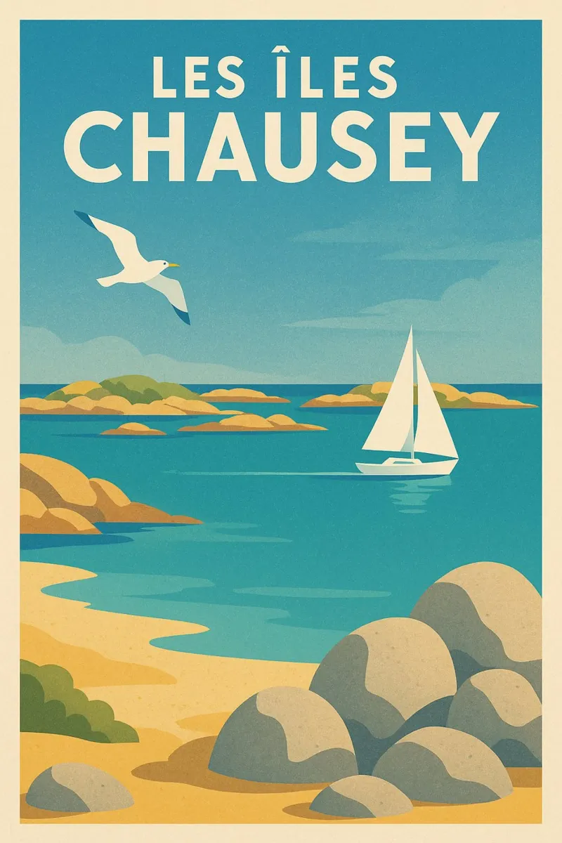 Poster d'epoca Le isole Chausey - Barca a vela e rocce poster con telaio in alluminio da JETLAG | affiches voyage